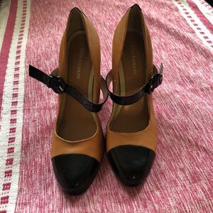 ENZO ANGIOLINI Eakatlyn Camel Black Leather Mary Jane Size 8.5 Heels Pointy Toe